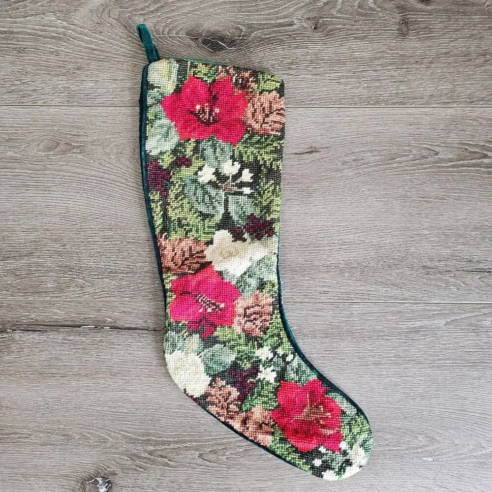 Vintage Wool Needlepoint Floral Poinsettia Christmas Stocking Velvet back 18